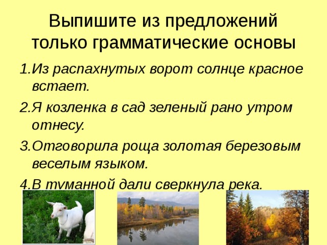 Выпишите из предложений только грамматические основы 1.Из распахнутых ворот солнце красное встает. 2.Я козленка в сад зеленый рано утром отнесу. 3.Отговорила роща золотая березовым веселым языком. 4.В туманной дали сверкнула река. 