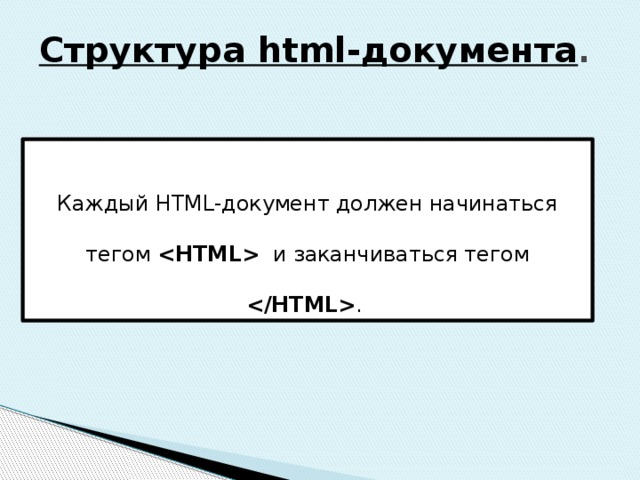 Структура html-документа . Каждый HTML-документ должен начинаться тегом  и заканчиваться тегом  . 