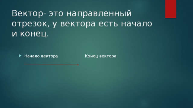 Вектор- это направленный отрезок, у вектора есть начало и конец. Начало вектора Конец вектора 