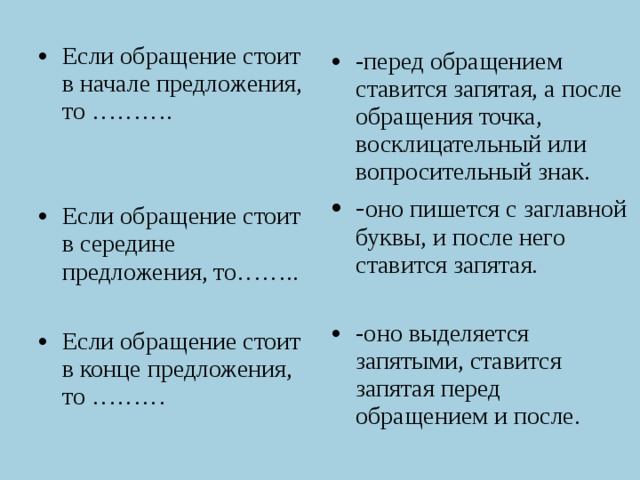 Если обращение стоит в начале предложения, то ………. Если обращение стоит в середине предложения, то…….. Если обращение стоит в конце предложения, то ……… -перед обращением ставится запятая, а после обращения точка, восклицательный или вопросительный знак. - оно пишется с заглавной буквы, и после него ставится запятая. -оно выделяется запятыми, ставится запятая перед обращением и после. 