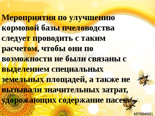Мероприятия по улучшению кормовой базы пчеловодства следует проводить с таким расчетом, чтобы они по возможности не были связаны с выделением специальных земельных площадей, а также не вызывали значительных затрат, удорожающих содержание пасек. 