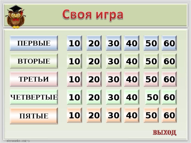 ПЕРВЫЕ 10 30 40 60 20 50 ВТОРЫЕ 50 10 20 30 40 60 ТРЕТЬИ 30 50 60 40 20 10 ЧЕТВЕРТЫЕ 50 60 30 40 20 10 ПЯТЫЕ 60 40 30 20 10 50