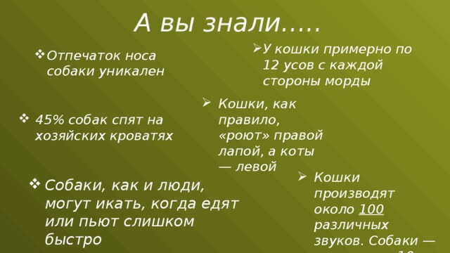 А вы знали….. У кошки примерно по 12 усов с каждой стороны морды Отпечаток носа собаки уникален Кошки, как правило, «роют» правой лапой, а коты — левой 45% собак спят на хозяйских кроватях Кошки производят около 100 различных звуков. Собаки — всего лишь 10 Собаки, как и люди, могут икать, когда едят или пьют слишком быстро 