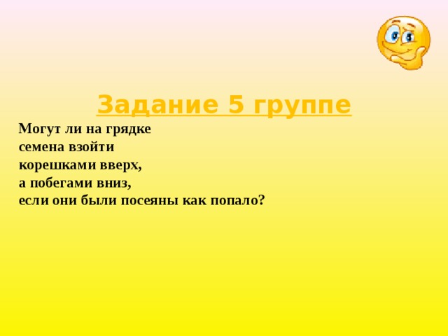 Задание 5 группе Могут ли на грядке семена взойти корешками вверх, а побегами вниз, если они были посеяны как попало?  