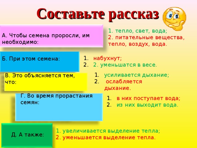 Составьте рассказ  1. тепло, свет, вода; 2. питательные вещества, тепло, воздух, вода. А. Чтобы семена проросли, им необходимо:   набухнут; 2. уменьшатся в весе. Б. При этом семена: усиливается дыхание;  ослабляется дыхание. В. Это объясняется тем, что:  Г. Во время прорастания семян: в них поступает вода; из них выходит вода.    1. увеличивается выделение тепла; 2. уменьшается выделение тепла. Д. А также: 17 