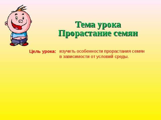Тема урока Прорастание семян Цель урока: изучить особенности прорастания семян в зависимости от условий среды. 