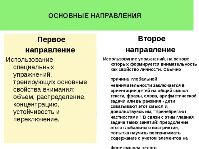 ОСНОВНЫЕ НАПРАВЛЕНИЯ  Второе направление Использование упражнений, на основе которых формируется внимательность как свойство личности. Обычно причина  глобальной невнимательности заключается в ориентации детей на общий смысл текста, фразы, слова, арифметической задачи или выражения - дети схватывают этот смысл и, довольствуясь им, 