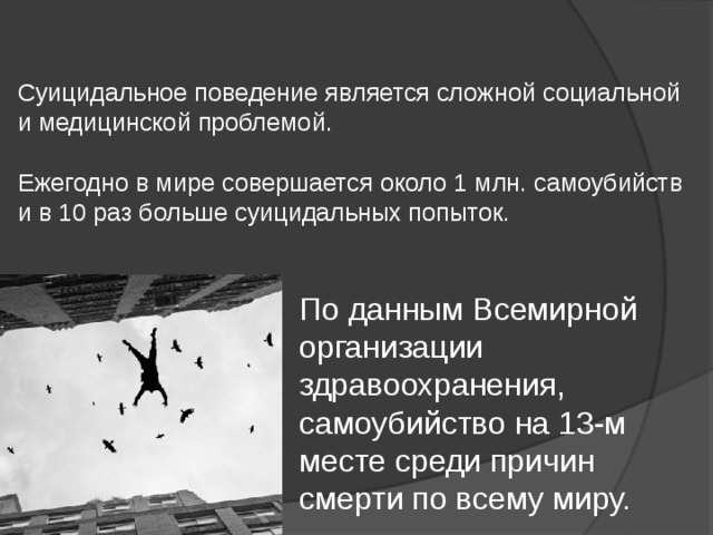   Суицидальное поведение является сложной социальной и медицинской проблемой.   Ежегодно в мире совершается около 1 млн. самоубийств и в 10 раз больше суицидальных попыток.        По данным Всемирной организации здравоохранения, самоубийство на 13-м месте среди причин смерти по всему миру. 