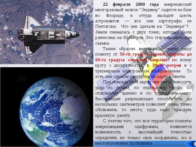 22 февраля 2000 года американский многоразовый челнок “Эндевер” садится на базе во Флориде, и оттуда выходят шесть астронавтов — все они картографы из Пентагона. Что они сделали на “Эндевере”?. Земля снималась с двух точек, которые были разнесены на 60 метров. Это стереоскопическая съемка. Таким образом американцы сняли нашу планету от 56-го градуса южной широты до 60-го градуса северной широты: п о всему кругу с дискретностью в 30х30 метров и с трехмерным электронным изображением. То есть они сделали электронную карту планеты. При помощи этой карты они могут наносить удар по стране, по отдельному городу, по отдельному зданию и по отдельному окну. Высочайшая разрешающая способность до нескольких сантиметров позволяет очень точно обозначить то место, куда надо прислать крылатую ракету. С учетом того, что вся территория планеты американцами оцифрована, появляется возможность с высочайшей точностью определять не только свои координаты, но и местоположение противника.  