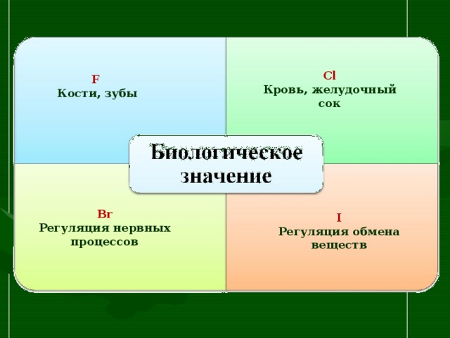 С l Кровь, желудочный сок F  Кости, зубы  Br Регуляция нервных процессов I Регуляция обмена веществ 