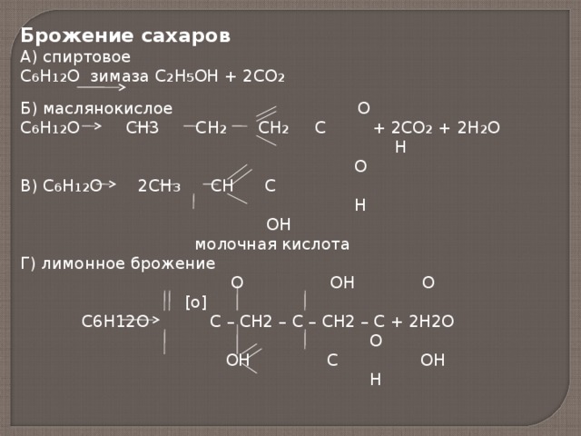 Брожение сахаров А) спиртовое С 6 Н 12 О зимаза С 2 Н 5 ОН + 2СО 2  Б) маслянокислое О С 6 Н 12 О СН3 СН 2 СН 2 С + 2СО 2 + 2Н 2 О  Н  О В) С 6 Н 12 О 2СН 3 СН С  Н  ОН  молочная кислота Г) лимонное брожение  О ОН О  [о]  С6Н12О С – СН2 – С – СН2 – С + 2Н2О  О  ОН С ОН  Н 