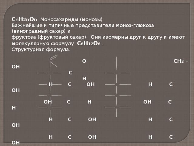 C n H 2 n O n  Моносахариды (монозы) Важнейшие и типичные представители моноз-глюкоза (виноградный сахар) и фруктоза (фруктовый сахар). Они изомерны друг к другу и имеют молекулярную формулу C 6 H 12 O 6 . Структурная формула:  О СН 2 – ОН  С  Н  Н С ОН Н С ОН   ОН С Н ОН С Н   Н С ОН Н С ОН   Н С ОН Н С ОН   СН 2 ОН СН 2 ОН  глюкоза фруктоза  альдегексоза кетогексоза  альдоза кетоза 