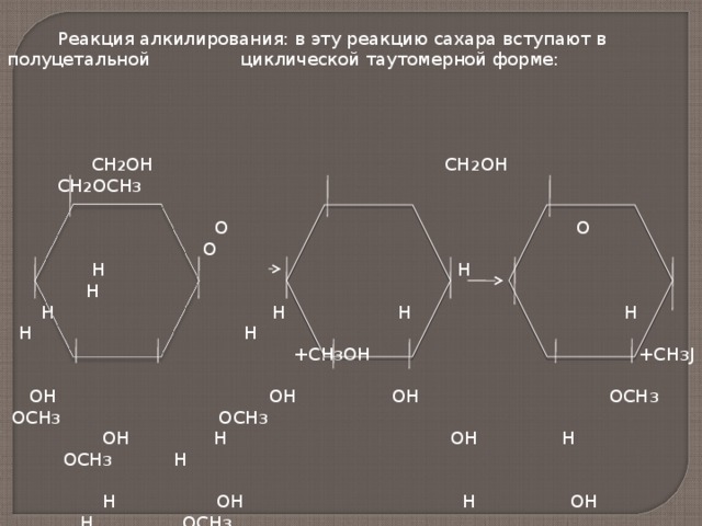  Реакция алкилирования: в эту реакцию сахара вступают в полуцетальной циклической таутомерной форме:  СН 2 ОН СН 2 ОН СН 2 ОСН 3  О О О  Н Н Н  Н Н Н Н Н Н  +СН 3 ОН +СН 3 J  ОН ОН ОН ОСН 3 ОСН 3 ОСН 3  ОН Н ОН Н ОСН 3 Н  Н ОН Н ОН Н ОСН 3   пентаметил- метилглюкозид глюкоза    α –            
