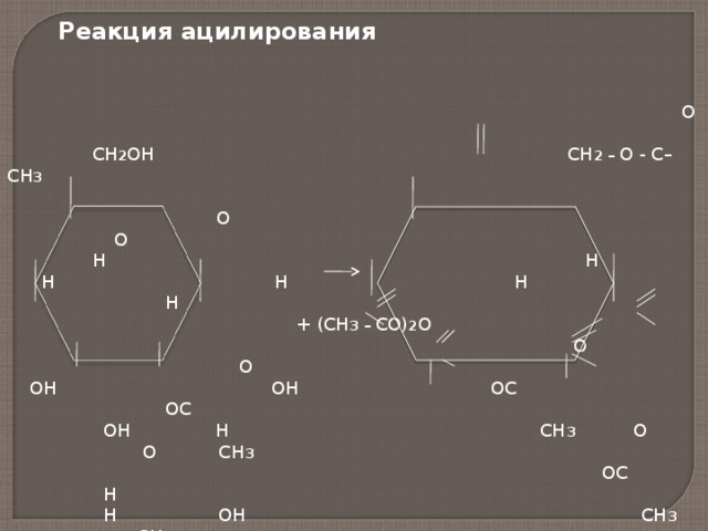  Реакция ацилирования    О  СН 2 ОН СН 2 – О - С– СН 3  О О  Н Н  Н Н Н Н  + (СН 3 – СО) 2 О  О О  ОН ОН ОС ОС  ОН Н СН 3 О О СН 3  ОС Н  Н ОН СН 3 СН 3   Н ОС  Пентаацетилглюкоза             