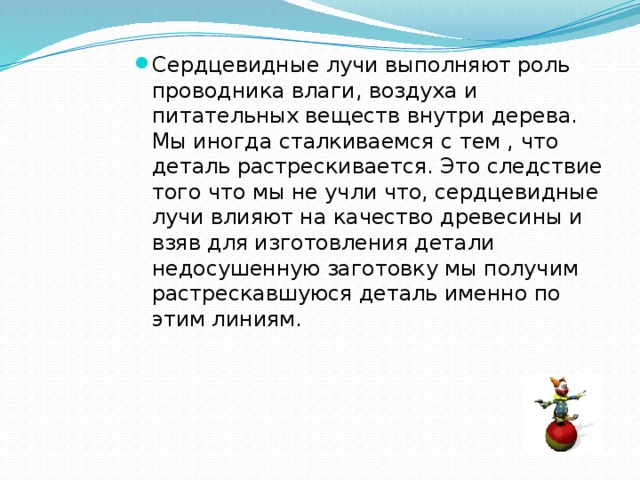 Сердцевидные лучи выполняют роль проводника влаги, воздуха и питательных веществ внутри дерева. Мы иногда сталкиваемся с тем , что деталь растрескивается. Это следствие того что мы не учли что, сердцевидные лучи влияют на качество древесины и взяв для изготовления детали недосушенную заготовку мы получим растрескавшуюся деталь именно по этим линиям. 