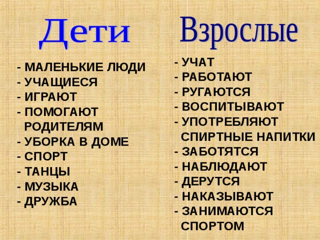 - УЧАТ - РАБОТАЮТ - РУГАЮТСЯ - ВОСПИТЫВАЮТ - УПОТРЕБЛЯЮТ  СПИРТНЫЕ НАПИТКИ - ЗАБОТЯТСЯ - НАБЛЮДАЮТ - ДЕРУТСЯ - НАКАЗЫВАЮТ - ЗАНИМАЮТСЯ  СПОРТОМ   - МАЛЕНЬКИЕ ЛЮДИ - УЧАЩИЕСЯ - ИГРАЮТ - ПОМОГАЮТ  РОДИТЕЛЯМ - УБОРКА В ДОМЕ - СПОРТ - ТАНЦЫ - МУЗЫКА - ДРУЖБА 