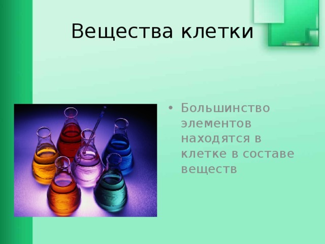 Вещества клетки Большинство элементов находятся в клетке в составе веществ 