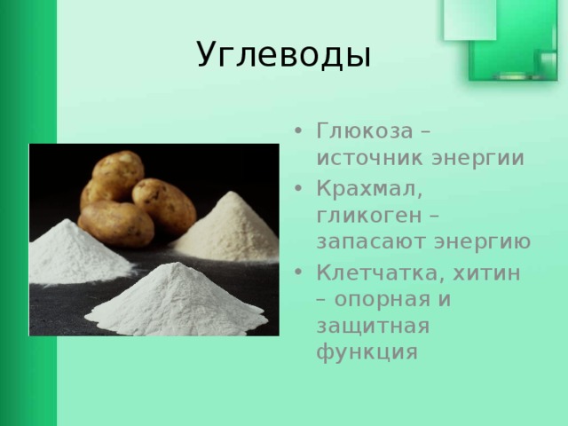 Углеводы Глюкоза – источник энергии Крахмал, гликоген – запасают энергию Клетчатка, хитин – опорная и защитная функция 