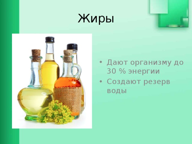 Жиры Дают организму до 30 % энергии Создают резерв воды 