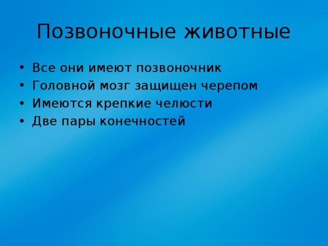 Позвоночные животные Все они имеют позвоночник Головной мозг защищен черепом Имеются крепкие челюсти Две пары конечностей 