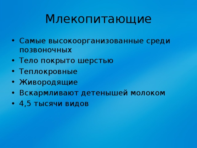 Млекопитающие Самые высокоорганизованные среди позвоночных Тело покрыто шерстью Теплокровные Живородящие Вскармливают детенышей молоком 4,5 тысячи видов 