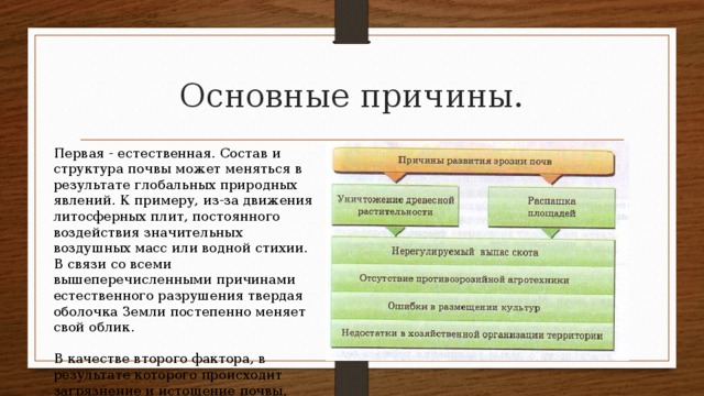 Основные причины. Первая - естественная. Состав и структура почвы может меняться в результате глобальных природных явлений. К примеру, из-за движения литосферных плит, постоянного воздействия значительных воздушных масс или водной стихии. В связи со всеми вышеперечисленными причинами естественного разрушения твердая оболочка Земли постепенно меняет свой облик. В качестве второго фактора, в результате которого происходит загрязнение и истощение почвы, можно назвать антропогенное воздействие. 