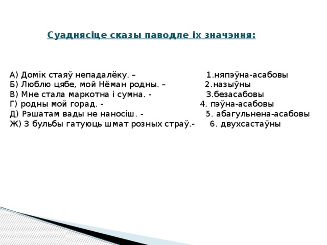  Суаднясіце сказы паводле іх значэння:     А) Домік стаяў непадалёку. – 1.няпэўна-асабовы  Б) Люблю цябе, мой Нёман родны. – 2.назыўны  В) Мне стала маркотна і сумна. - 3.безасабовы  Г) родны мой горад. - 4. пэўна-асабовы  Д) Рэшатам вады не наносіш. - 5. абагульнена-асабовы  Ж) З бульбы гатуюць шмат розных страў.- 6. двухсастаўны   