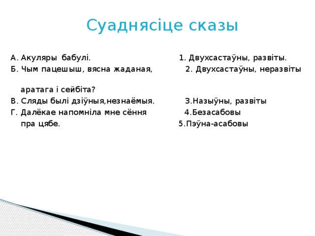   Суаднясіце сказы А. Акуляры бабулі. 1. Двухсастаўны, развіты. Б. Чым пацешыш, вясна жаданая, 2. Двухсастаўны, неразвіты  аратага і сейбіта? В. Сляды былі дзіўныя,незнаёмыя. 3.Назыўны, развіты Г. Далёкае напомніла мне сёння 4.Безасабовы  пра цябе. 5.Пэўна-асабовы 