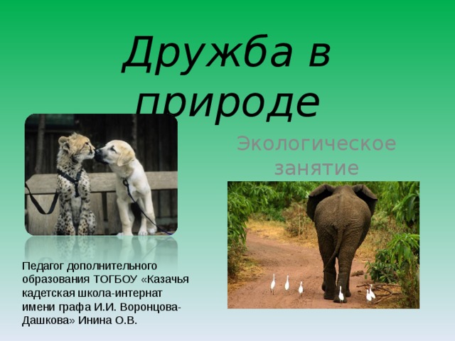 Дружба в природе Экологическое занятие Педагог дополнительного образования ТОГБОУ «Казачья кадетская школа-интернат имени графа И.И. Воронцова-Дашкова» Инина О.В. 