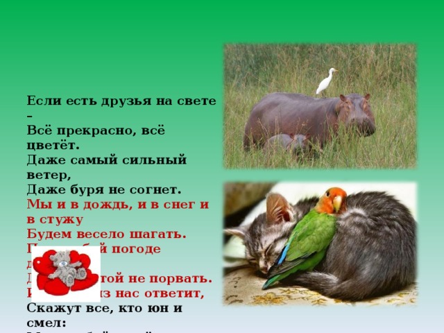 Если есть друзья на свете –  Всё прекрасно, всё цветёт.  Даже самый сильный ветер,  Даже буря не согнет.  Мы и в дождь, и в снег и в стужу  Будем весело шагать.  При любой погоде дружим  Дружбы этой не порвать.  И любой из нас ответит,  Скажут все, кто юн и смел:  Мы с тобой живём на свете  Для хороших славных дел 