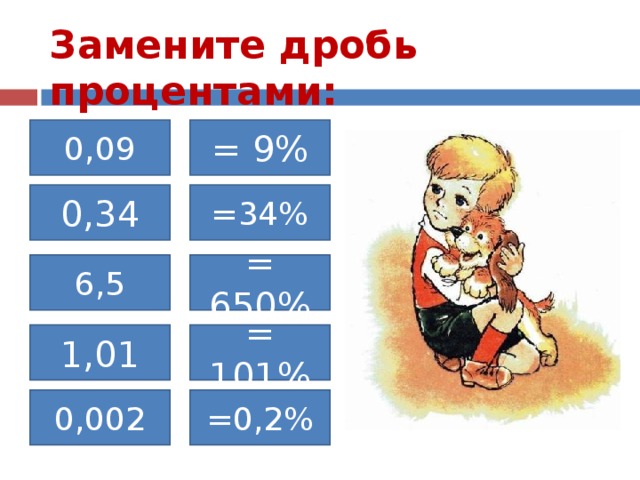Замените дробь процентами: 0,09 = 9% 0,34 =34% 6,5 = 650% 1,01 = 101% 0,002 =0,2% 