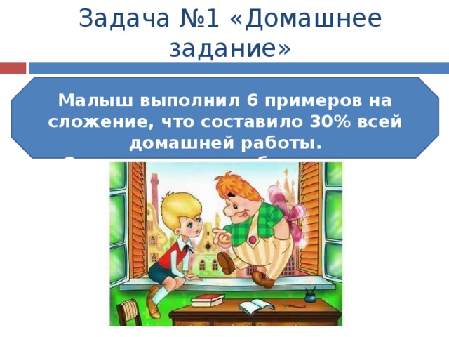 Задача №1 «Домашнее задание» Малыш выполнил 6 примеров на сложение, что составило 30% всей домашней работы. Сколько примеров было задано Малышу? 