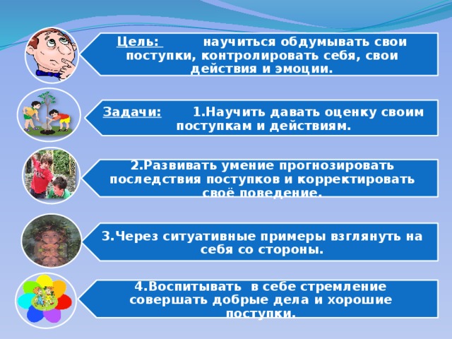 Цель: научиться обдумывать свои поступки, контролировать себя, свои действия и эмоции. Задачи: 1.Научить давать оценку своим поступкам и действиям. 2.Развивать умение прогнозировать последствия поступков и корректировать своё поведение. 3.Через ситуативные примеры взглянуть на себя со стороны. 4.Воспитывать в себе стремление совершать добрые дела и хорошие поступки.