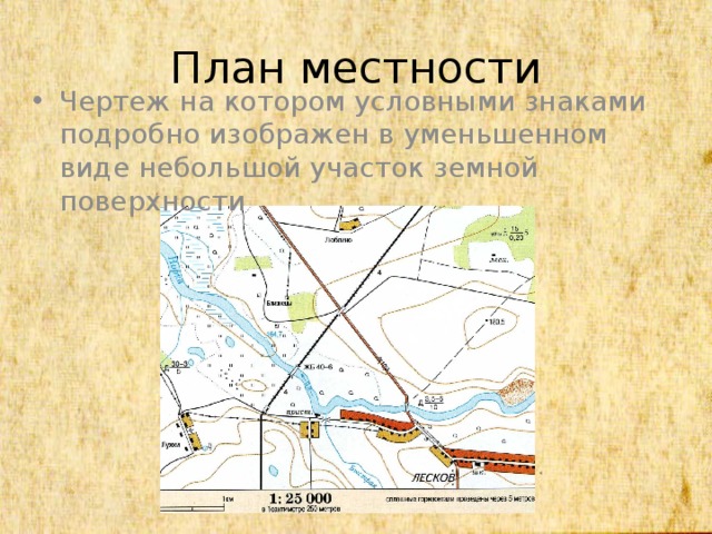 План местности Чертеж на котором условными знаками подробно изображен в уменьшенном виде небольшой участок земной поверхности 