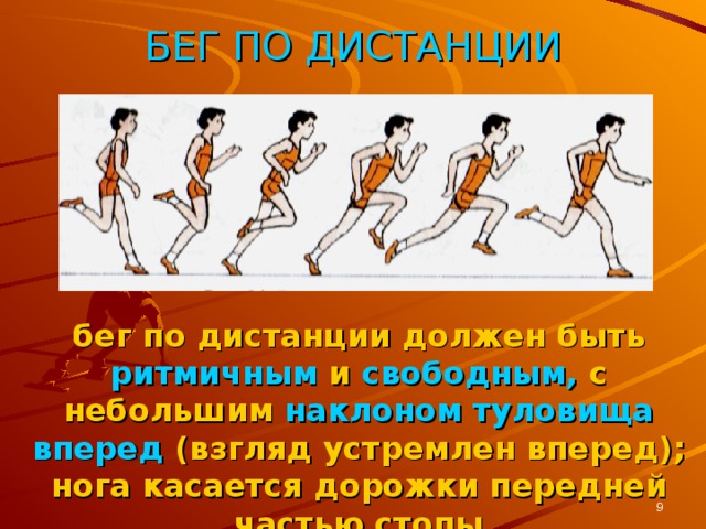 БЕГ ПО ДИСТАНЦИИ бег по дистанции должен быть ритмичным и свободным, с небольшим наклоном туловища вперед (взгляд устремлен вперед); нога касается дорожки передней частью стопы  