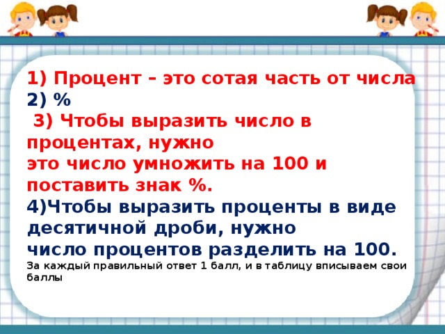 1) Процент – это сотая часть от числа  2) %  3) Чтобы выразить число в процентах, нужно это число умножить на 100 и поставить знак %.  4)Чтобы выразить проценты в виде десятичной дроби, нужно число процентов разделить на 100.  За каждый правильный ответ 1 балл, и в таблицу вписываем свои баллы   