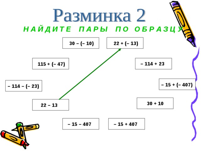 Н А Й Д И Т Е П А Р Ы П О О Б Р А З Ц У 22 + (–  13) 30 – (–  10) – 114 + 23 115 + (–  47) – 15 + (–  407) – 114 – (–  23) 30 + 10 22 – 13 – 15 + 407 –  15 – 407  