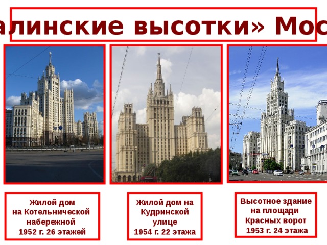 «Сталинские высотки» Москвы Жилой дом н а Котельнической набережной  1952 г. 26 этажей Жилой дом на Кудринской улице 1954 г. 22 этажа Высотное здание на площади Красных ворот  1953 г. 24 этажа 