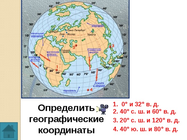 1. 0° и 32° в. д. Определить географические координаты 2. 40° с. ш. и 60° в. д. 3. 20° с. ш. и 120° в. д. 4. 40° ю. ш. и 80° в. д. 