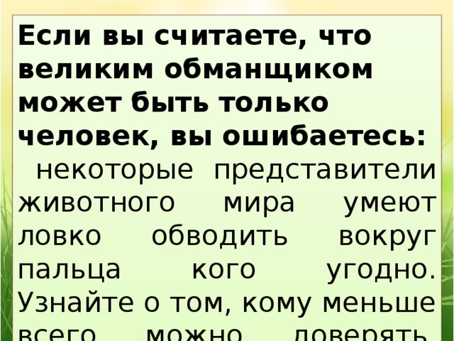 Если вы считаете, что великим обманщиком может быть только человек, вы ошибаетесь:  некоторые представители животного мира умеют ловко обводить вокруг пальца кого угодно. Узнайте о том, кому меньше всего можно доверять.   