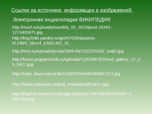 Ссылки на источники информации и изображений: Электронная энциклопедия ВИКИПЕДИЯ http://musf.ru/uploads/monthly_05_2010/post-18343-1273405975.jpg http://img-fotki.yandex.ru/get/4703/stepanov-el.149/0_5bce4_e3d2c361_XL http://rnns.ru/uploads/posts/2009-09/1252235342_stali3.jpg http://forum.pogranichnik.ru/uploads/1241006787/med_gallery_17_25_5627.jpg http://static.diary.ru/userdir/1/5/8/4/1584493/69007371.jpg http://www.yashezero.ru/img_news/dsAqfEp6Vz.jpg http://img0.liveinternet.ru/images/attach/c/3/83/384/83384594_00047dta.jpg 