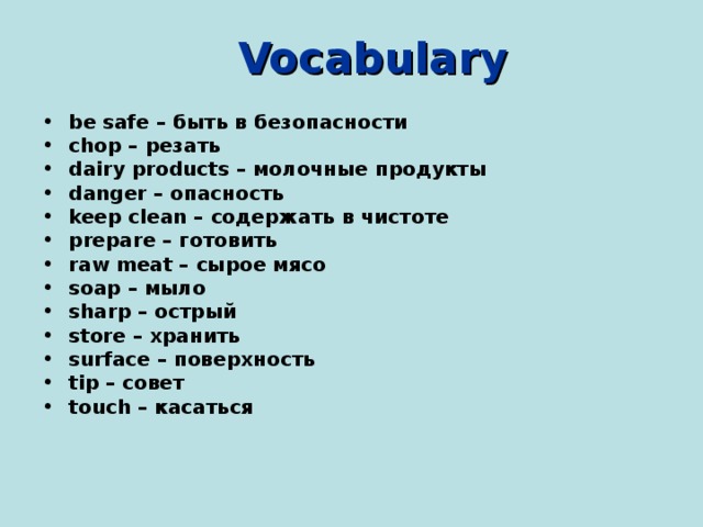  Vocabulary be safe  – быть в безопасности chop – резать dairy products – молочные продукты danger – опасность keep clean – содержать в чистоте  prepare – готовить raw meat – сырое мясо soap  – мыло sharp – острый store – хранить surface – поверхность tip – совет touch – касаться 