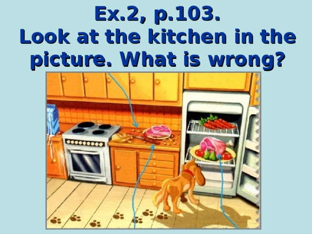 Ex.2, p.103.  Look at the kitchen in the picture. What is wrong? 