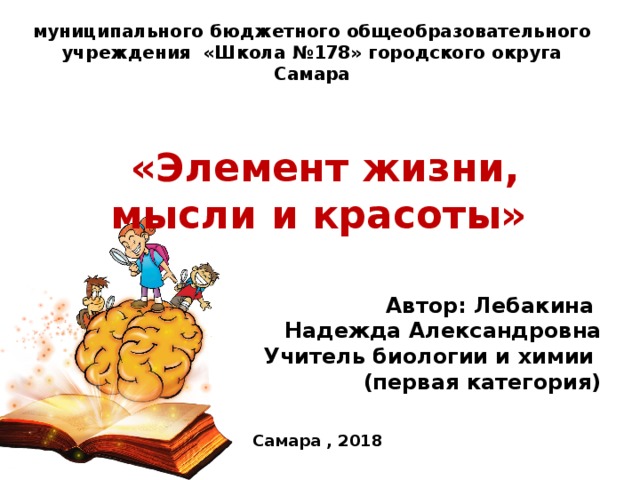 муниципального бюджетного общеобразовательного учреждения «Школа №178» городского округа Самара «Элемент жизни, мысли и красоты»  Автор: Лебакина Надежда Александровна Учитель биологии и химии (первая категория) Самара , 2018 