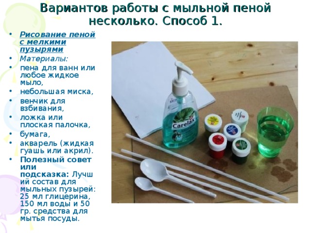 Вариантов работы с мыльной пеной несколько. Способ 1.  Рисование пеной с мелкими пузырями Материалы: пена для ванн или любое жидкое мыло, небольшая миска, венчик для взбивания, ложка или плоская палочка, бумага, акварель (жидкая гуашь или акрил). Полезный совет или подсказка:  Лучший состав для мыльных пузырей: 25 мл глицерина, 150 мл воды и 50 гр. средства для мытья посуды. 