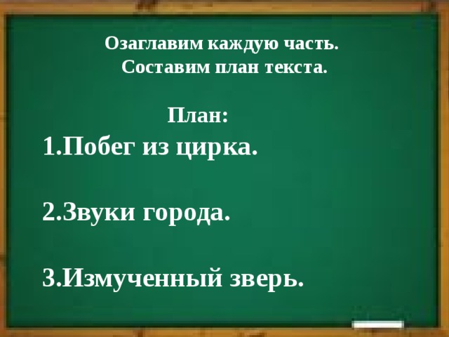 Озаглавим каждую часть. Составим план текста. План: 1.Побег из цирка.  2.Звуки города.  3.Измученный зверь. 