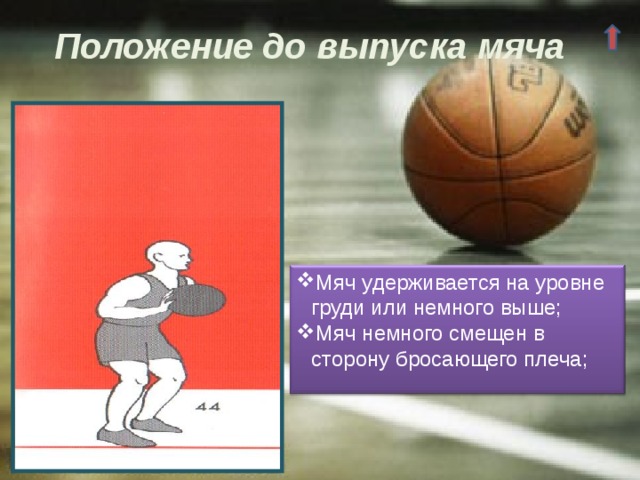 Положение до выпуска мяча Мяч удерживается на уровне груди или немного выше; Мяч немного смещен в сторону бросающего плеча; 