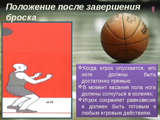 Положение после завершения броска Когда игрок опускается, его ноги должны быть достаточно прямые; В момент касания пола ноги должны согнуться в коленях; Игрок сохраняет равновесие и должен быть готовым к любым игровым действиям. 