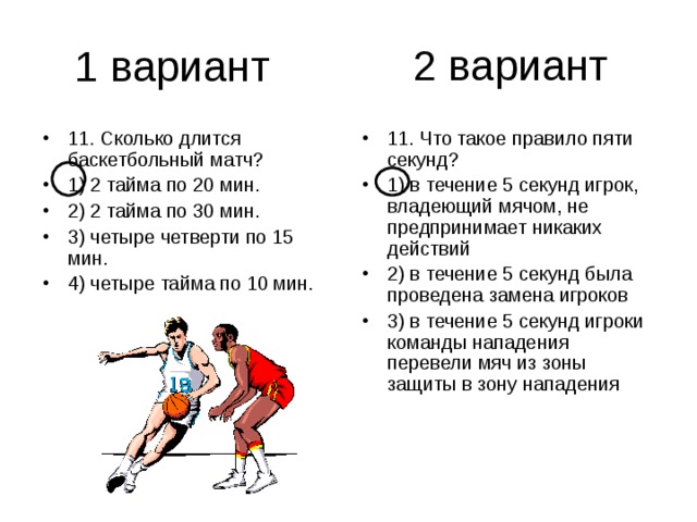 2 вариант 11. Сколько длится баскетбольный матч? 1) 2 тайма по 20 мин. 2) 2 тайма по 30 мин. 3) четыре четверти по 15 мин. 4) четыре тайма по 10 мин. 11. Что такое правило пяти секунд? 1) в течение 5 секунд игрок, владеющий мячом, не предпринимает никаких действий 2) в течение 5 секунд была проведена замена игроков 3) в течение 5 секунд игроки команды нападения перевели мяч из зоны защиты в зону нападения 