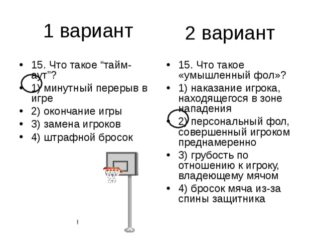 2 вариант 15. Что такое “тайм-аут”? 1) минутный перерыв в игре 2) окончание игры 3) замена игроков 4) штрафной бросок 15. Что такое «умышленный фол»? 1) наказание игрока, находящегося в зоне нападения 2) персональный фол, совершенный игроком преднамеренно 3) грубость по отношению к игроку, владеющему мячом 4) бросок мяча из-за спины защитника 